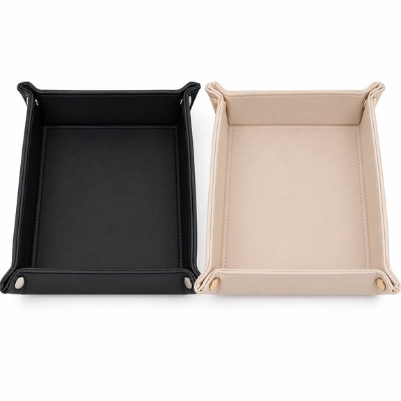 2-Pack Valet Tray Desktop Storage Organizer, Eco-Leather Catchall Tray With Wood Structure And Soft Lining For Nightstand, Entryway And Office Desk.