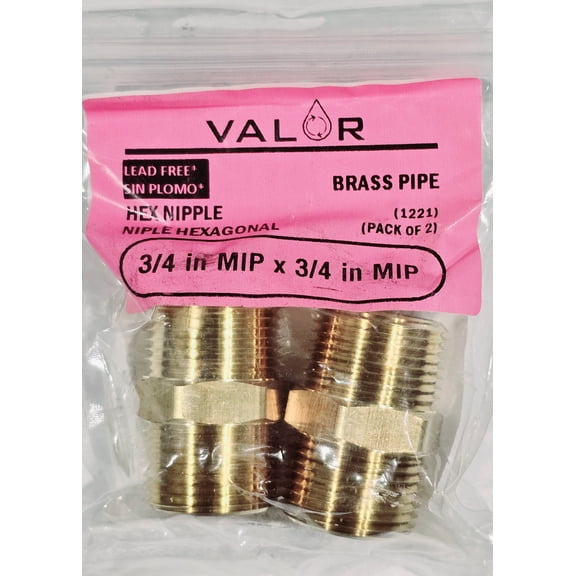 2 Pack- Valor 1221-2P Solid Brass Pipe Fitting, 3/4" x 3/4" NPT Male, Hex Nipple