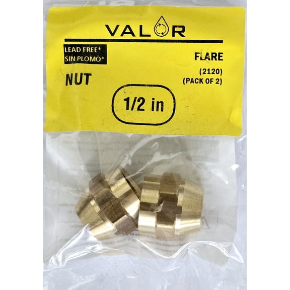 2 Pack- Valor 2120-2Y Brass 1/2 in Hex Flare Nut for Fuel/Plumbing/Refrigeration/Gas/Vacuum
