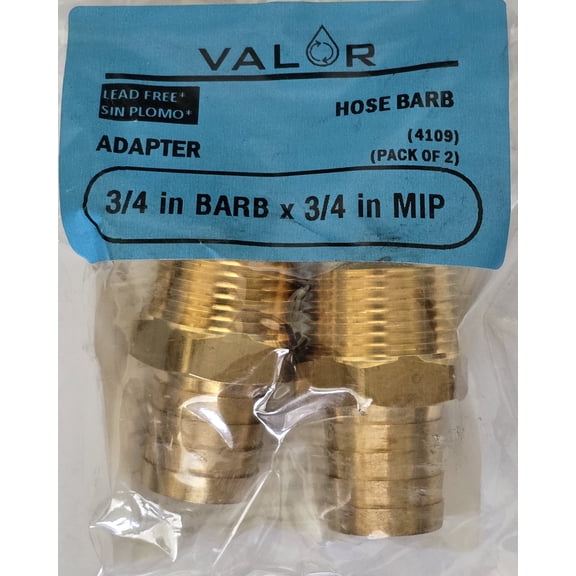 2 Pack- Valor 4109-2B Brass 3/4" Barb x 3/4" MIP Adapter Hose Fitting for Air/Gas/Fuel/Oil