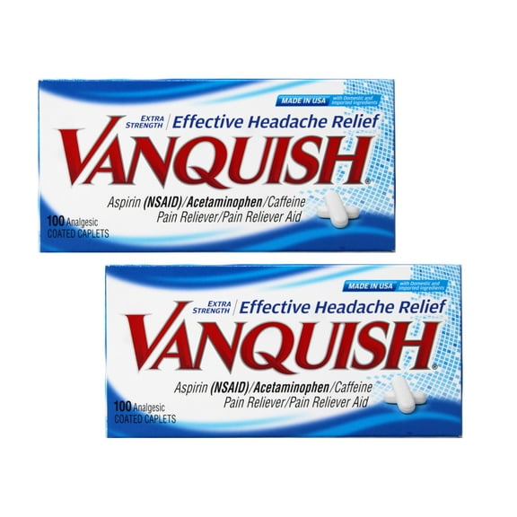 2 Pack - Vanquish Effective Headache Relief Aspirin (NSAID), Acetaminophen, Caffeine, 100 Analgesic Coated Caplets