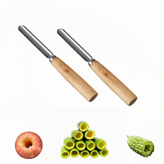 2-Pack Vegetable Corer Tool - 8" Stainless Steel Fruit & Veggie Corer for Zucchini, Apples, Eggplant - Hollow Out for Stuffing with Wood Handle - Kitchen Coring Tool