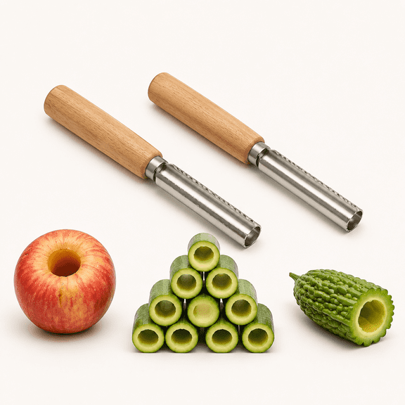 2-Pack Vegetable Corer Tool - 8" Stainless Steel Fruit & Veggie Corer for Zucchini, Apples, Eggplant - Hollow Out for Stuffing with Wood Handle - Kitchen Coring Tool