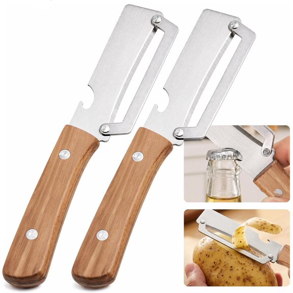 2 Pack Vegetable Peeler, Multi Functional 2-in-1 Peelers, with Wooden Handle & Bottle Opener, Stainless Steel Kitchen Tool for Fruit Pumpkin Papaya, Pare Necessary Kitchen Tools