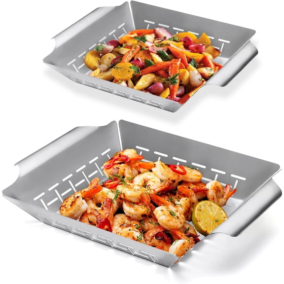 2 Pack Vegetables Grill Baskets for Veggies,Grill Basket for Outdoor Grill,Stainless Steel Grill Basket,Grilling Accessories for & Smokers