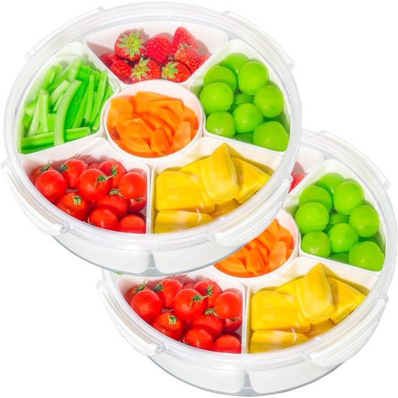 2 Pack Veggie Tray with Lid for Fridge,Clear Divided Serving Tray with6 Compartments for Party Serving Platter for Party, Reusable Dinner Fruit Platter