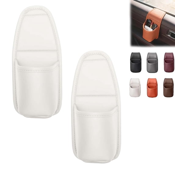 2 Pack Vehicle Cup Holder, PU Leather Door Storage Pouch Organizer for Car _ White _ 2pc
