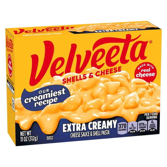 2 Pack Velveeta Shells and Cheese Extra Creamy Mac and Cheese, 1 Box, for Easy Dinner or Dinner Sides, Extra Creamy, Made with Real Cheese, 11 oz