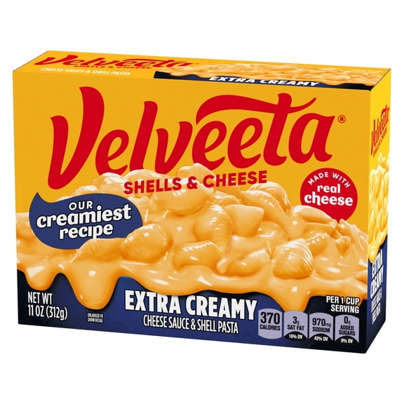 (2 Pack) Velveeta Shells and Cheese Extra Creamy Mac and Cheese, 1 Box, for Easy Dinner or Dinner Sides, Extra Creamy, Made with Real Cheese, 11 oz