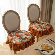 2 Pack Velvet Ruffled Garden Chair Cushion with Ties and Removable Cover Floral Jacquard Non Slip Chairs Pads for Kitchen Dining Chairs