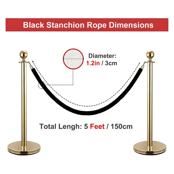 2 Pack Velvet Stanchion Rope with Gold Hooks, Crowd Control Rope Safety Barrier Red Carpet Decoration, 5 Feet Black