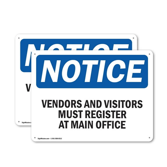 (2 Pack) Vendors And Visitors Register At Main Office OSHA Notice Sign 18 Inch X 12 Inch Plastic Sign, Weather Resistant, UV Protected for Workplace, Business, and Construction Site,