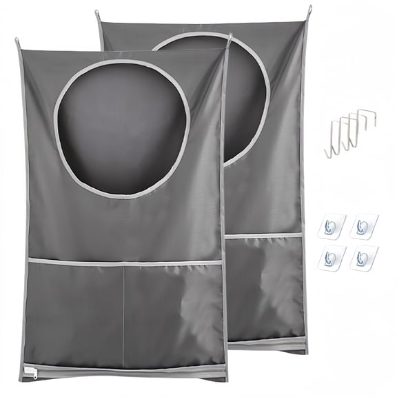 2 Pack Hanging Laundry Hamper Bag, Over the Door Dirty Clothes Basket with Zipper & Pocket, Large Capacity Laundry Organizer with Hooks & Adhesive Stickers for Bathroom, Bedroom, Kids Room