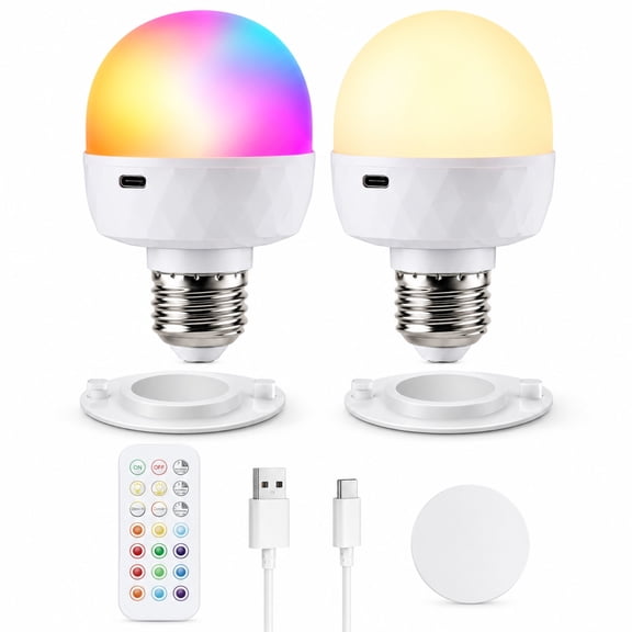 2 Pack Version: Slssqhz 2 Pack Rechargeable Light Bulbs with Remote, E26/E27 Magnetic Base LED Bulbs, Type-C Dimmable 3 Color Temperatures, 7W 700LM Battery Backup Bulbs for Lamps, Wall Sconces, Clos