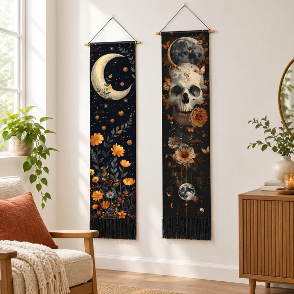 2 Pack Vertical Boho Tapestries with Tassels, 13W x 52L, Sun Moon Decor