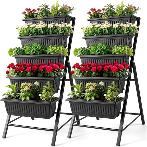 2-Pack Vertical Raised Garden Bed, 5-Tier Elevated Planter Box for Herbs, Vegetables, Flowers  Outdoor Indoor Patio Balcony Planter with Drainage System, Black