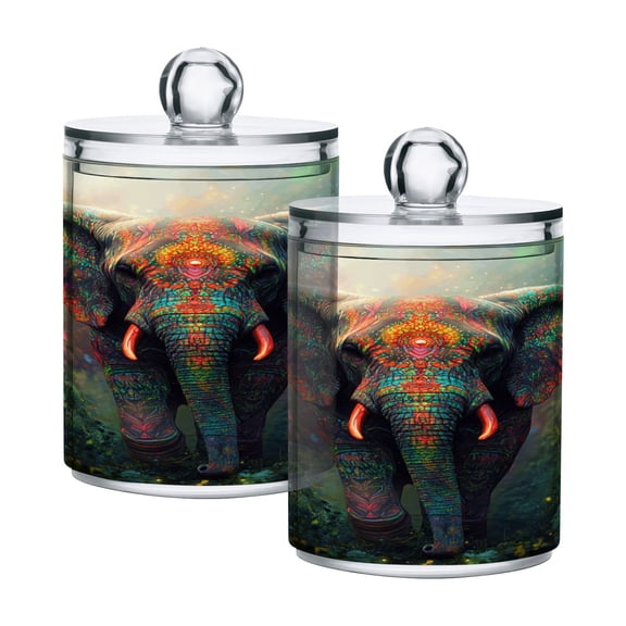 2 Pack Vibrant Elephant in Forest Qtip Holder Dispenser Clear Plastic Storage Apothecary Jars for Cotton Swabs Balls Pads Floss