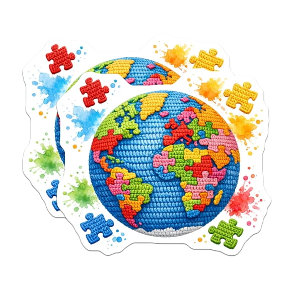 (2 Pack) Vibrant Puzzle Globe Magnets - Crochet Earth Map Decor - Autism Awareness Inclusion Art - 5 Inches On Longest Side - Thick Durable Magnet - Made in USA - MAG20426
