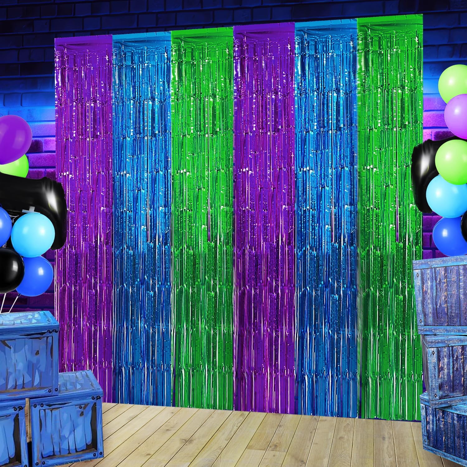 Video Game Birthday Decorations Kit - 2 Pack Tinsel Foil Fringe Curtains & Happy Birthday Banner