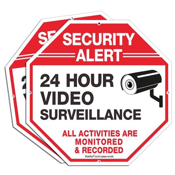 2-Pack Video Surveillance Sign, 10 x 10 Rust Free.040 Aluminum Security Warning Reflective Metal Signs, Indoor or Outdoor Use for Home Business CCTV Security Camera, UV Protected & Waterproof,Red