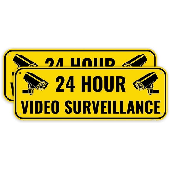 2 Pack Video Surveillance Sign, 12 x 8 Inches - Aluminum - Security Camera In Use Warning Sign - Black Yellow/Without a frame