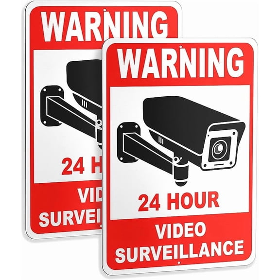 2 Pack Video Surveillance Warning 24 Hour Security Camera Sign 12"x 8" Metal Aluminum Signs For Outdoor & Indoor
