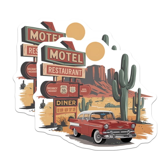 (2 Pack) Vintage American Classic Car Magnets - Route 66 Desert Landscape Decor - Retro Motel Diner Sign Art - 5 Inches On Longest Side - Thick Durable Magnet - Made in USA - MAG21585