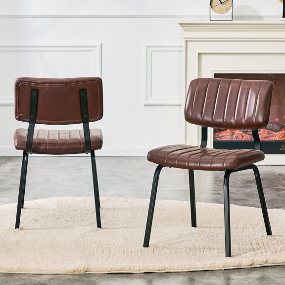 2 Pack Vintage Brown PU Leather Dining Chairs, Mid-Century Stripe Upholstered Side Chairs ,Modern Industrial Accent Chairs with Black Metal Frame for Kitchen Dining Room