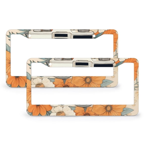 2 Pack Vintage Camera Floral License Plate Frame Retro Camera Car Front License Plate Frame Stainless Aluminum 2 Hole Fits All Car