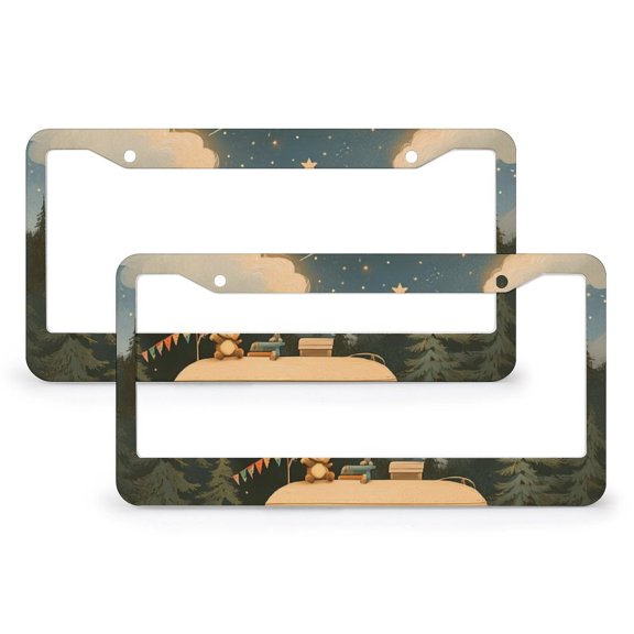 2 Pack Vintage Camper Cute Bears License Plate Frames Rustic Funny Cute Cartoon Drawing Travel Trailer Camper Personalized License Plate Frame Aluminum 2 Holes for Girl Women Men Vehicles