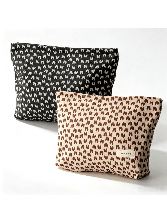 2 Pack Vintage Cosmetic Bag ,Large Black/Brown Canvas Makeup Pouch | Travel Toiletry Bag for Women