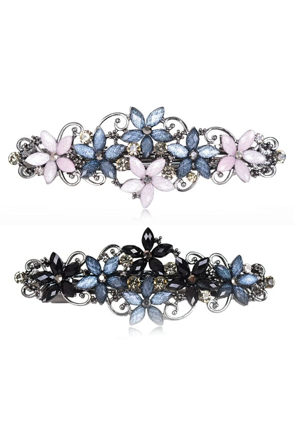 2 Pack Vintage Flower Design Rhinestone Hair Barrette Clip Luxury Flower Hair Barettes for Women Girls (Pink-Blue & Black-Blue)