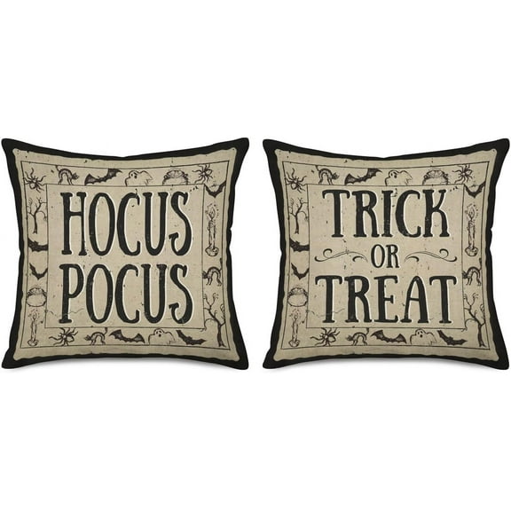 2 Pack Vintage Halloween Decor Pillow Covers Hocus Pocus Trick or Treat Halloween Ghost Bat Farmhouse Saying Decorative Fall Throw Pillow Cases 18x18 Inch Cotton Linen Cushion Cover