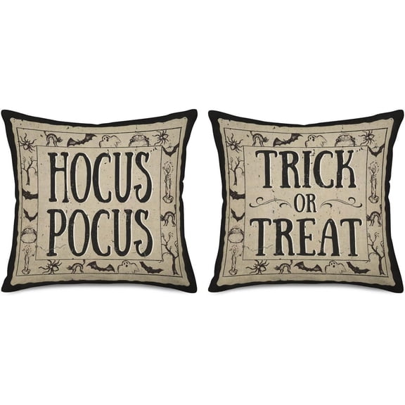 2 Pack Vintage Halloween Decor Pillow Covers Hocus Pocus Trick or Treat Halloween Ghost Bat Farmhouse Saying Decorative Fall Throw Pillow Cases 20x20 Inch Cotton Linen Cushion Cover