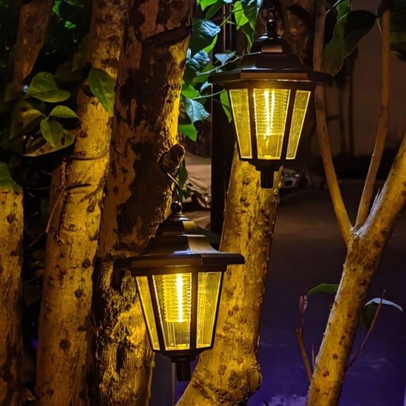 2-Pack Vintage Hexagon LED Solar Lights, Outdoor Pathway Garden Yard Decor, Plastic Material