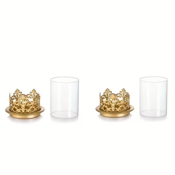 2-Pack Vintage Hurricane Candle Holders with Glass Cover, Metal Base for Wedding Home Decor