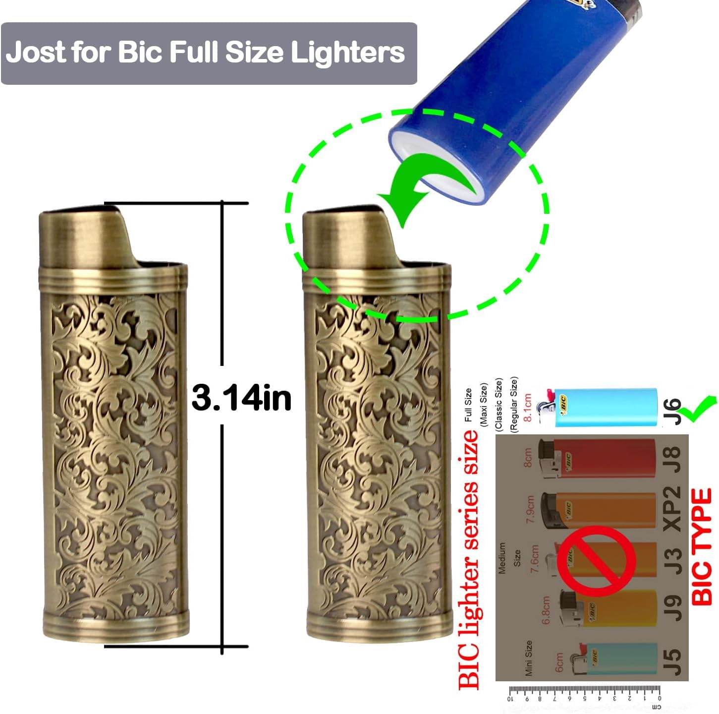 2 Pack Vintage Metal Lighter Case Cover Front Arabesque Engraving Reusable Lighter Sleeve for Bic J6 Regular Lighters (Style1-Bronze)