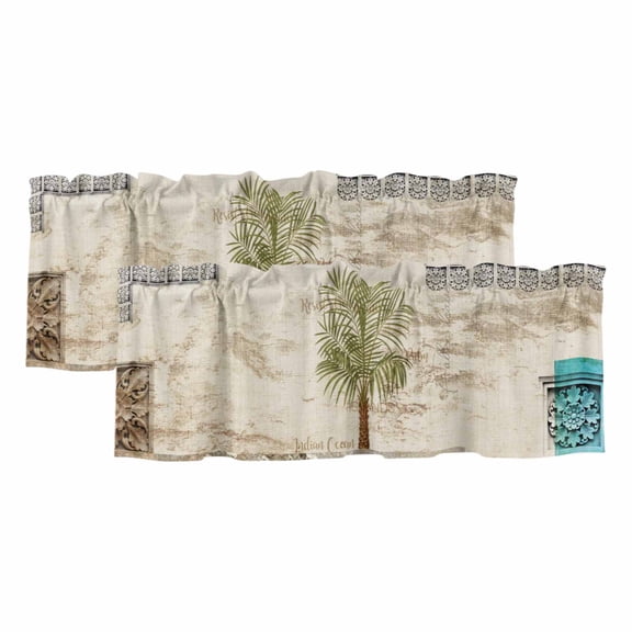 2 Pack Vintage Palm Trees Valances for Windows Bedroom Living Room Window Treatments, Summer Tropical Botanical Beige Burlap Rod Pocket Valance Drapes Short Kitchen Curtains Over Sink 42"x18"