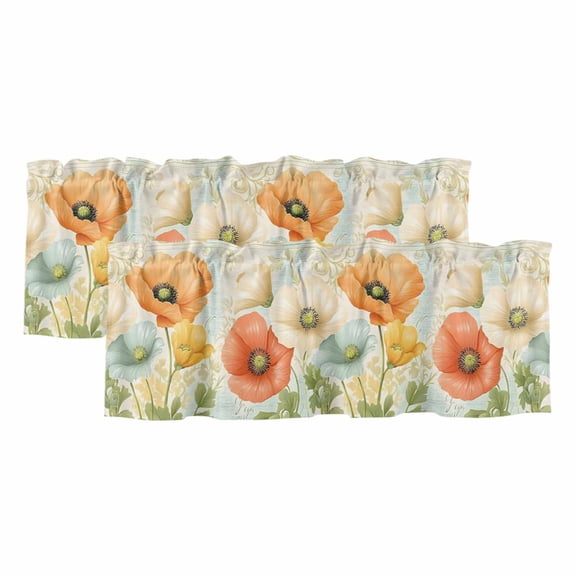 2 Pack Vintage Poppy Valance for Window Orange Blue Yellow Floral Watercolor Flowers Kitchen Valance Rod Pocket Short Curtain Topper Decorative Window Treatment for Living Room Bedroom 42"x12"