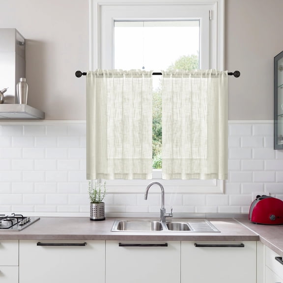 2 Pack Vintage Semi Sheer Linen Look Short Curtain, Light Filtering Polyester Window Valance, Farmhouse Style Partition Drape for Kitchen Bathroom Bedroom Indoor Home Decoration