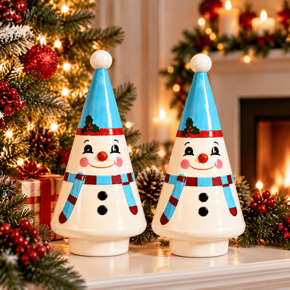2-Pack Vintage Snowman Resin Lighted Figurines, Battery Operated Tabletop Christmas Tree Night Light