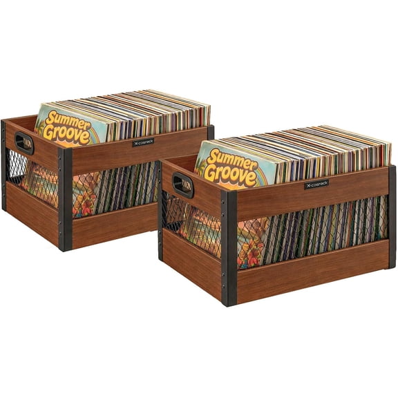 X-COSRACK 2-Pack Vinyl Record Storage Crate, Wooden LP Album Organizer Rack, Holds Up to 65 Records Each, Industrial Display Box with Built-in Handles, Rustic Brown