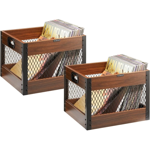 X-COSRACK 2-Pack Vinyl Record Storage Crate, Wooden LP Album Organizer Rack with Metal Frame, Holds Up to 65 Records, Industrial Display Box with Built-in Handles, Rustic Brown
