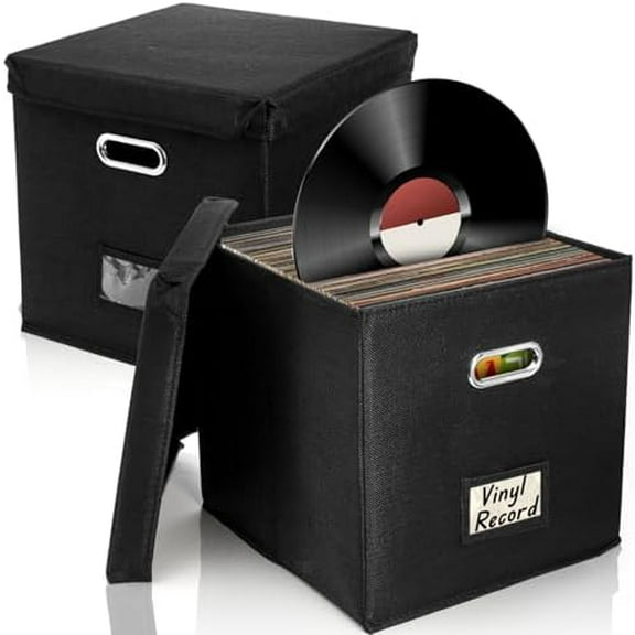 2 Pack Vinyl Record Storage Boxes, 12 Inch Collapsible Album Organizer, LP CD Linen Crate with Lid & Handles, Music Collection Cabinet Holder, Document File Cube Bin for Concert Hall, Office
