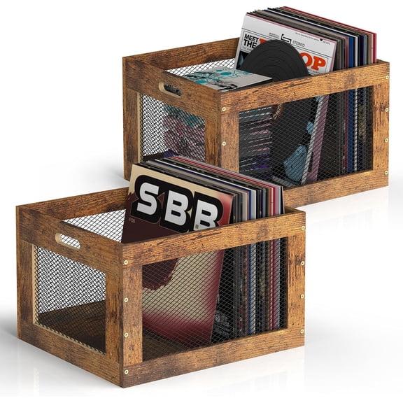 2 Pack Vinyl Record Storage Crate, Large Record Storage Boxes with Handles | Stackable Record Crates, Rustic Crates Storage for Albums, Books, Sheet Music, Rustic Brown