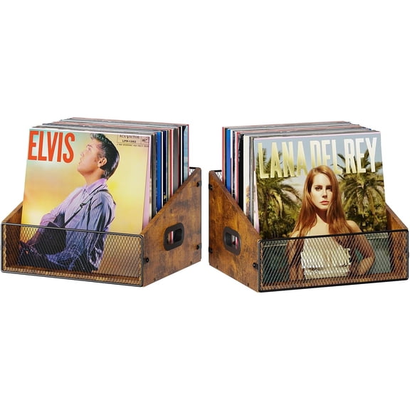 2-Pack Vinyl Record Storage for 120+ Records, with Handle, Retro Wooden