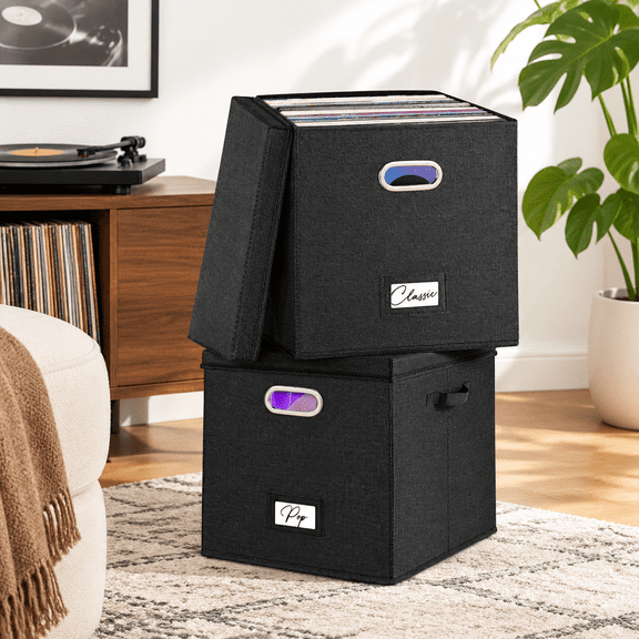 2 Pack Vinyl Record Storbox For 100+ Lps 12-inch Holder Case
