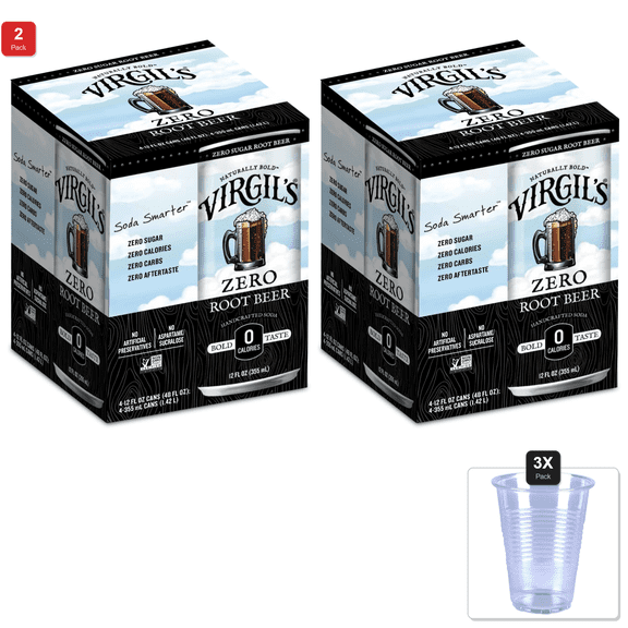 2 Pack | Virgils Zero Sugar Root Beer, 4 Pack, Cans & 3x 9oz Disposable Plastic Cups