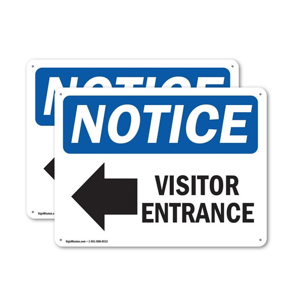 (2 Pack) Visitor Entrance [Left Arrow] OSHA Notice Sign 10 Inch X 7 Inch Indoor / Outdoor Rust-Free Aluminum Metal Signs for Workplace, Workshop, and Construction Site, Made in the USA