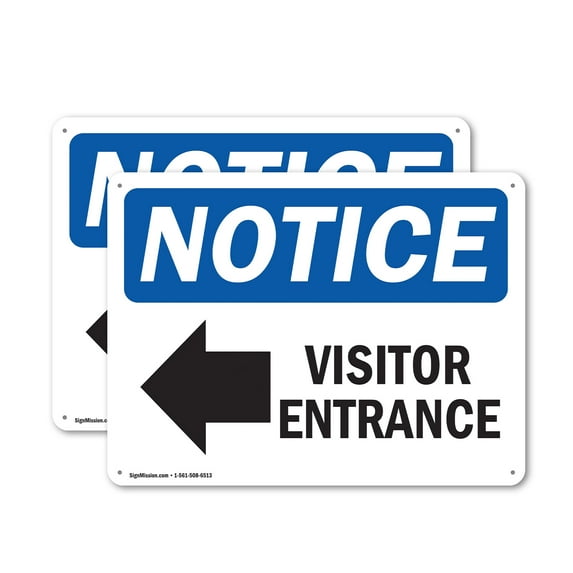 (2 Pack) Visitor Entrance [Left Arrow] OSHA Notice Sign 14 Inch X 10 Inch Indoor / Outdoor Rust-Free Aluminum Metal Signs for Workplace, Workshop, and Construction Site, Made in the USA